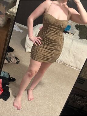 Ruched Spaghetti-Strap Mini Dress in Light Brown